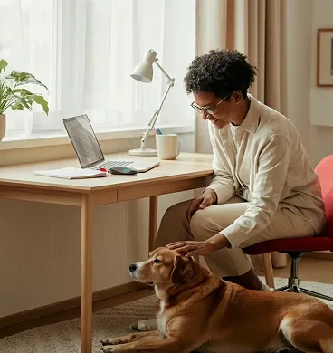 Cliente trabalhando com o cachorro ao lado